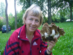 Pilzberaterin Irena Dombrowa freut sich über die schönen Gepanzerten Raslinge, die wir gestern in Schönlage fanden. Da hier einige ergiebige Büschel standen, nahmen wir sie mit und sie werden tiefgerforen für den nächsten Pilzimbiss. 24.08.2011.