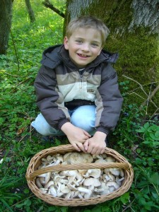 Sohn Jonas nach erfolgreicher Maipilzernte am später Nachmittag. Danach ging es noch zu einer Parkanlage und auch der zweite Korb des heutigen Tages wurde fast voll und